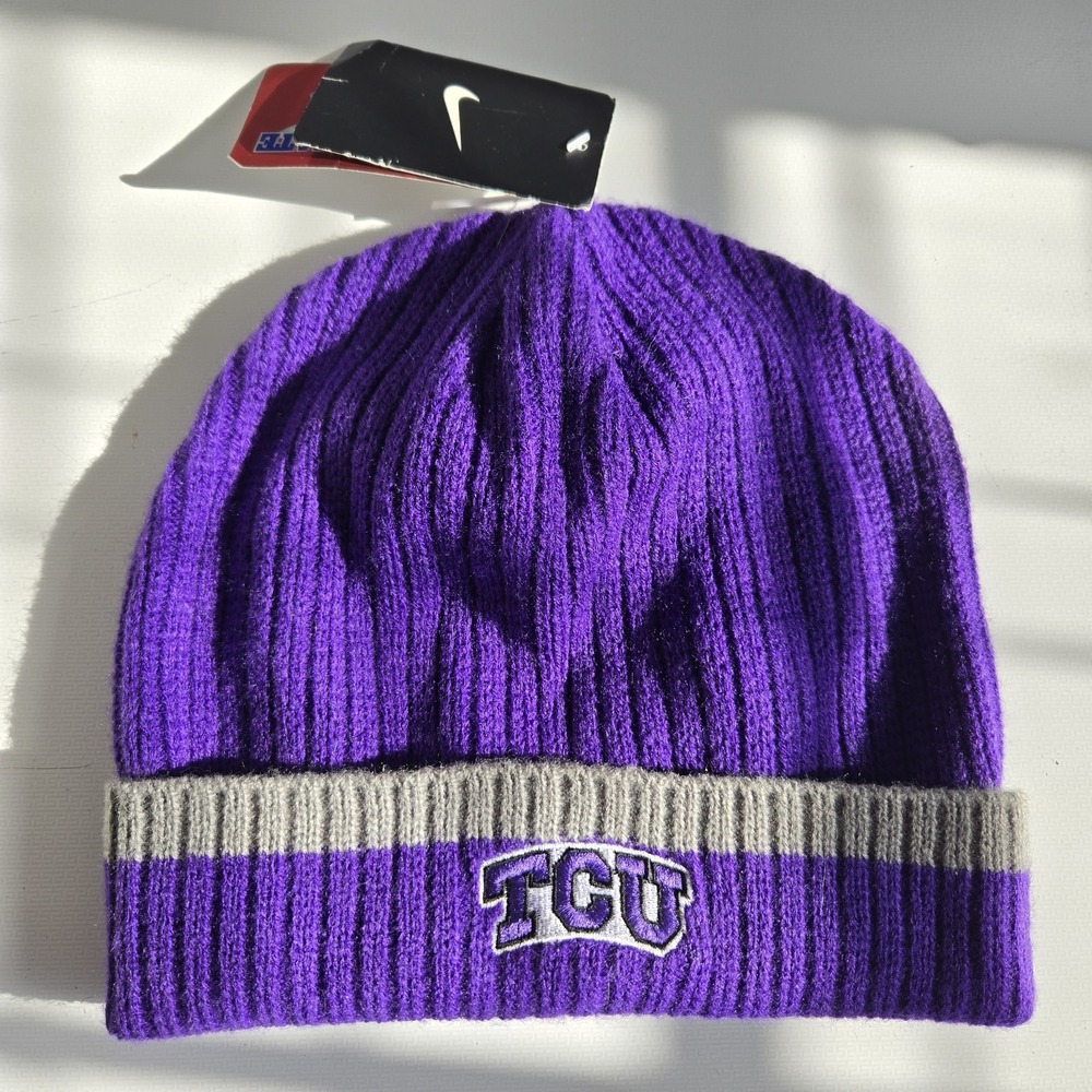 NIKE TCU Horned Frogs Winter Beanie Cable Knit Hat‎ 22842X-TF1 Purple Gray NWT